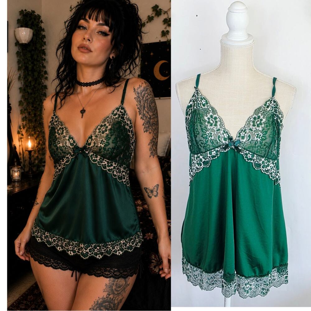 Lace Babydoll Chemise XXL Emerald Green Floral Lace Coquette Lingerie Whimsigoth